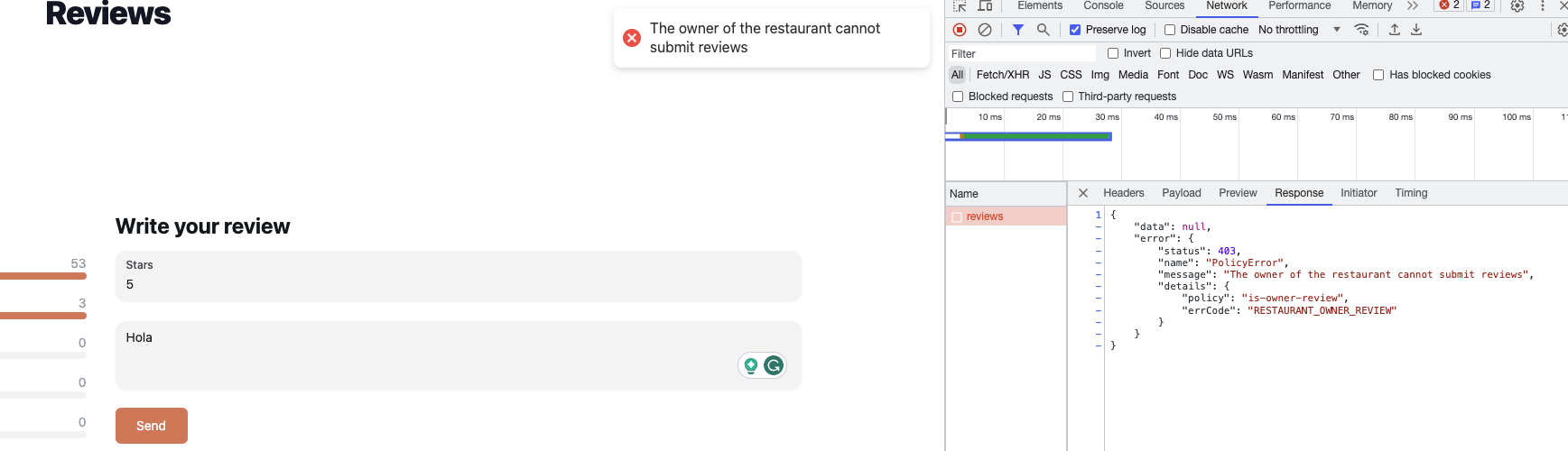 Restaurant owner can't submit reviews